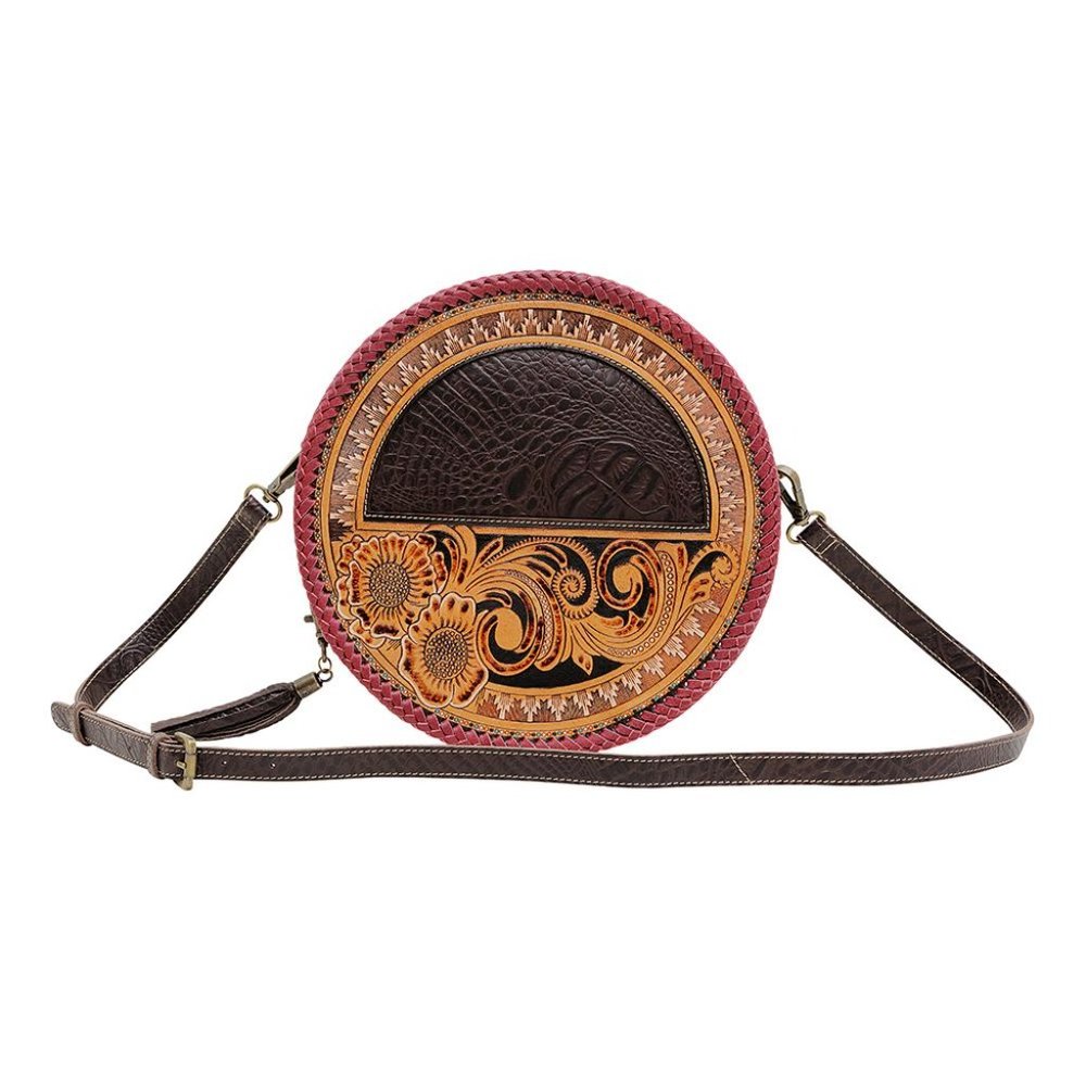 Myra Bag Handmade Coffee Round Bag Upcycled Canvas & Cowhide Leather - Picture 7 of 7